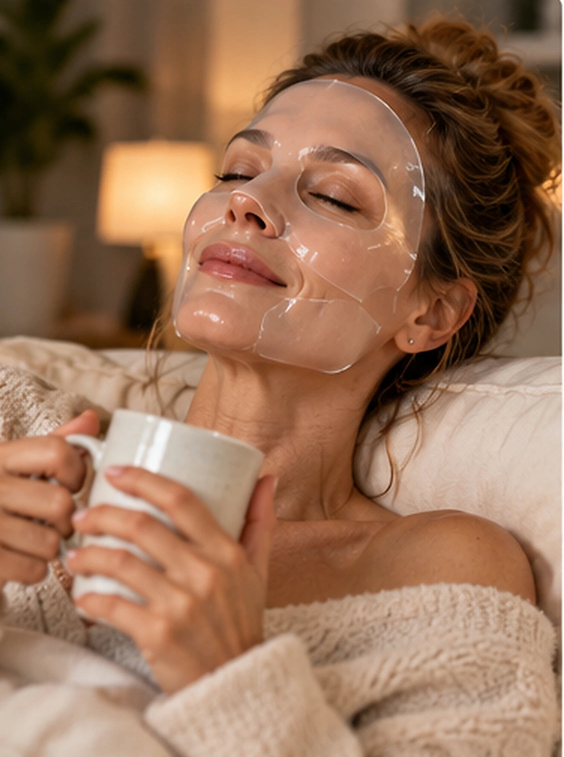 Woman relaxing in the evening wearing the SkinKlean collagen gel mask